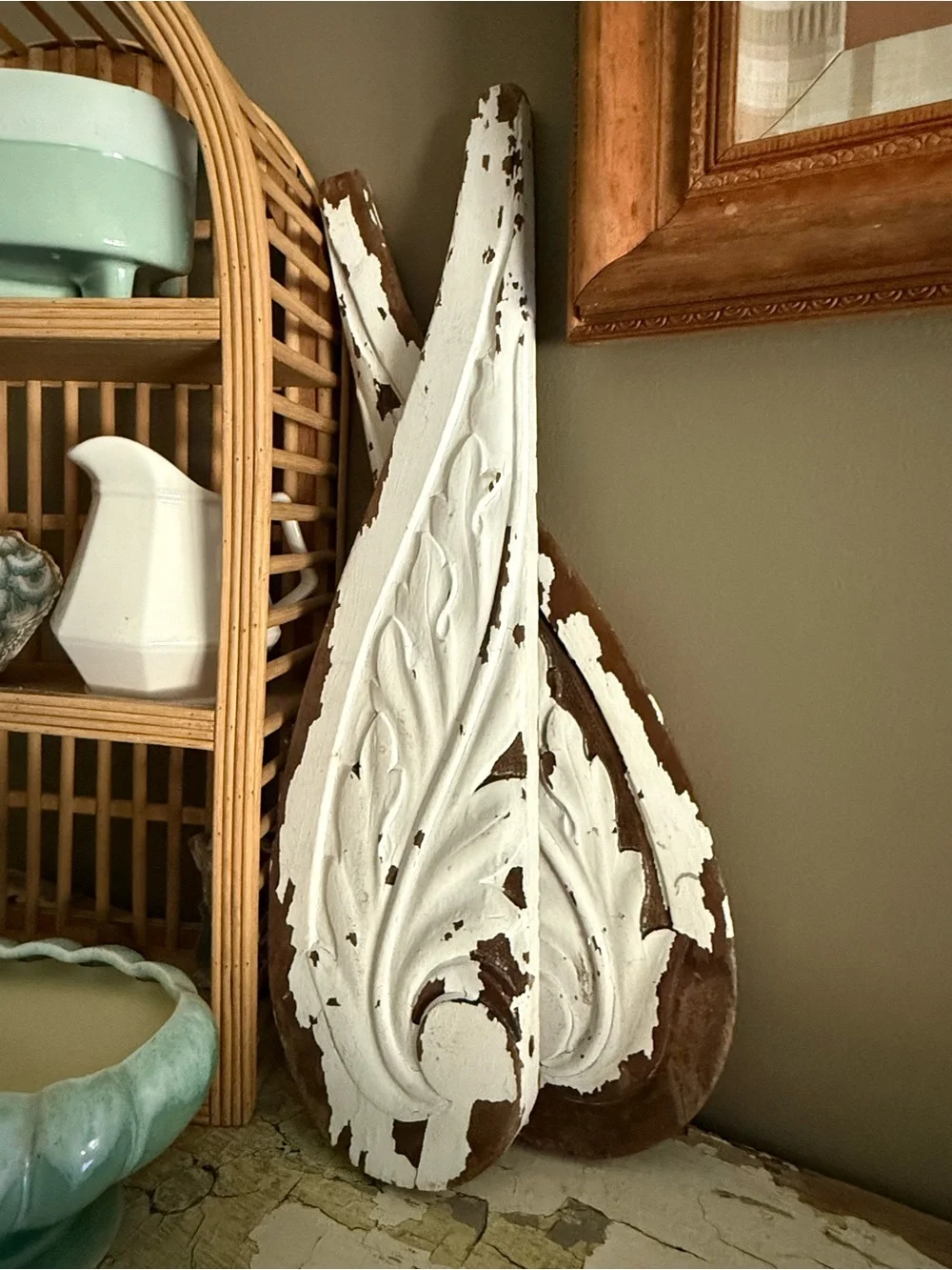 Distressed White Carved Wood Wall Accent - Rustic Home Wall Decor